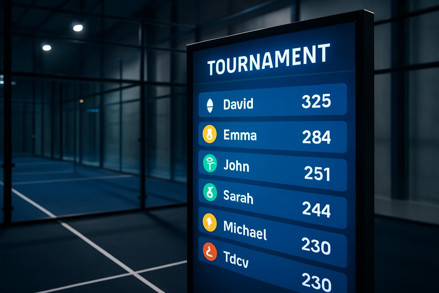 The tennis court display features a scoreboard on the right displaying the names and rankings of the following players: • ...