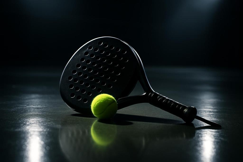 "Yellow tennis ball and racket on a court with a black background at night."