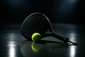 "Yellow tennis ball and racket on a court with a black background at night."