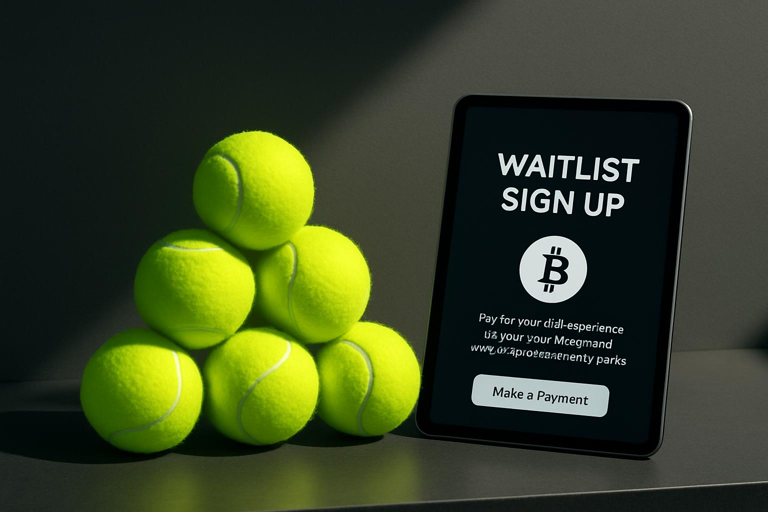 A smartphone with the text "WAITLIST SIGN UP" on the screen and several tennis balls next to it. An Android tablet with a ...
