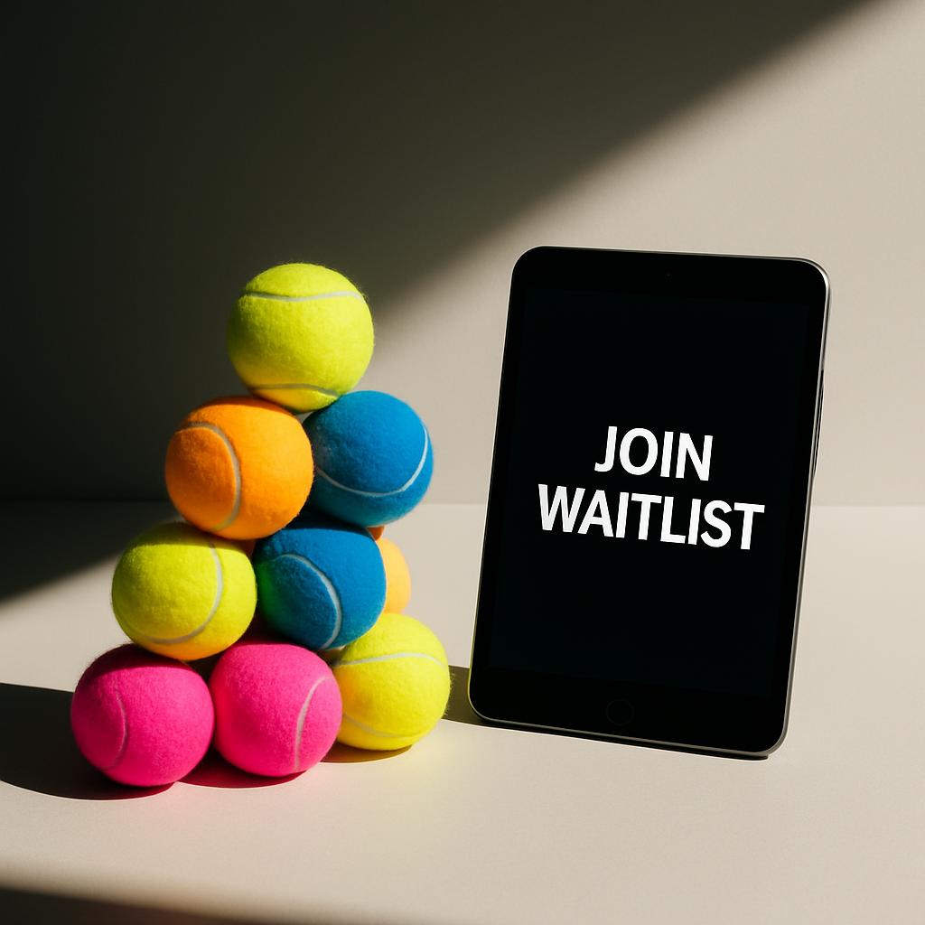 A tablet screen with the words 'JOIN WAITLIST' superimposed, accompanied by a stack of colorful tennis balls on the left s...