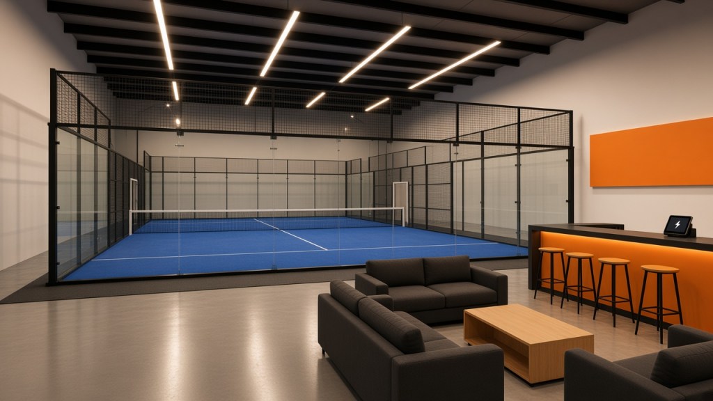 Artist's rendering of a one-court indoor padel pilot with a lounge and orange café bar