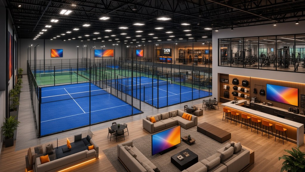 Artist's rendering of a multi-court indoor club with padel and pickleball courts, lounge, bar and gym