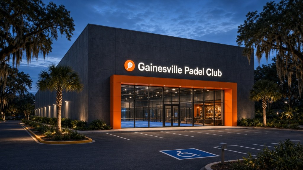 Artist's rendering of a Gainesville Padel Club building entrance at dusk with palms and live oaks