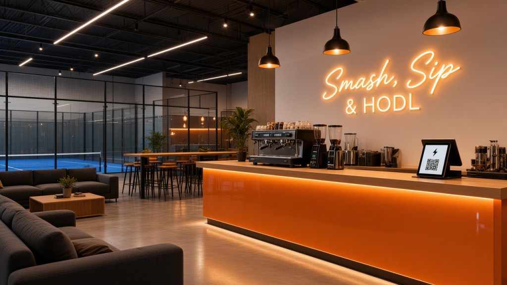 Artist's rendering of a club lounge and café with a Smash, Sip & HODL neon sign and a court behind glass