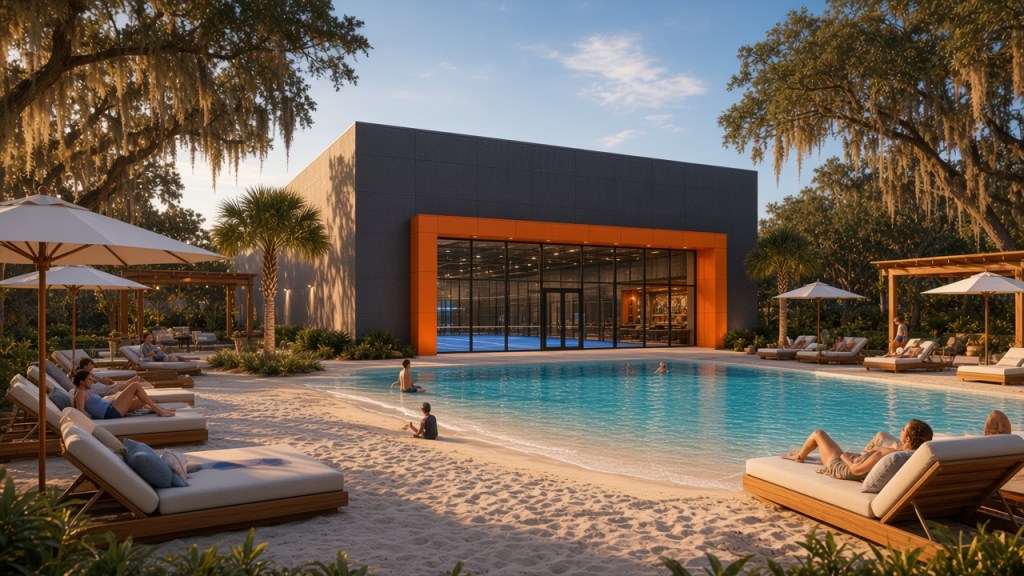 Artist's rendering of a beach-style pool with sand deck and loungers in front of a club building with glass-walled padel courts