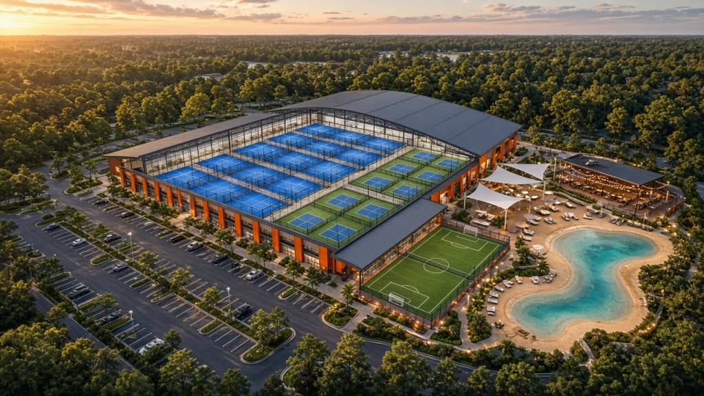 Artist's rendering of an aerial view of a large racket-sports campus with padel and pickleball courts, a soccer field and a pool