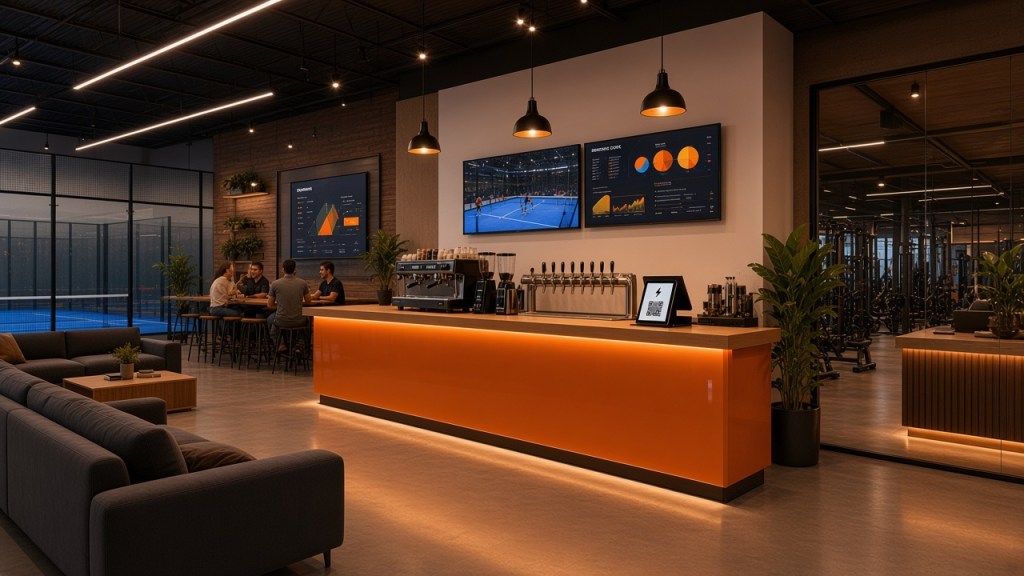 Artist's rendering of a pub and lounge with an orange bar and screens showing padel, next to the courts and a gym