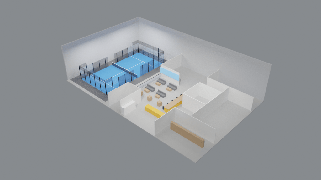 Cutaway concept model of a one-court padel pilot with lounge, café and pro shop
